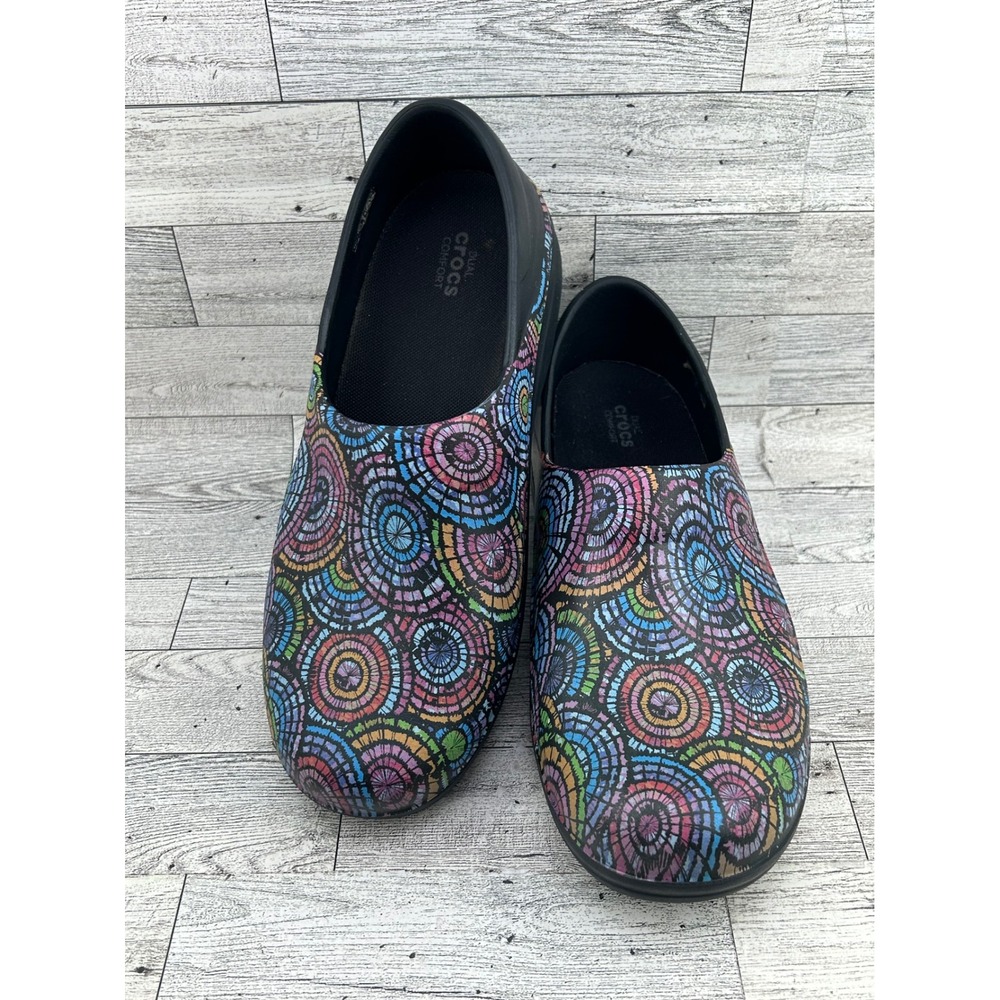 Crocs‎ Women Size 10 Slip On Shoes Black Multi Circle Pattern Comfort Work